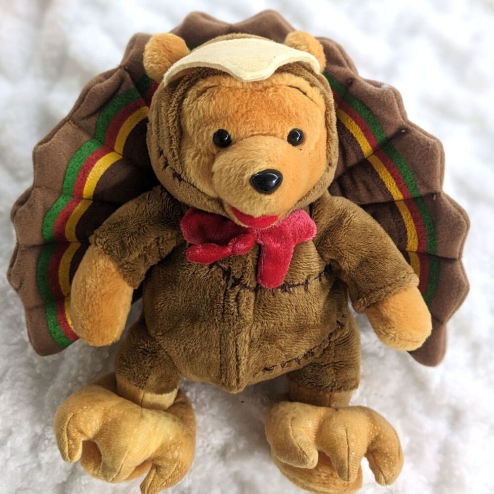 Vintage Disney Winnie the Pooh Thanksgiving Pilgrim Turkey Plush Beanie Lot 2